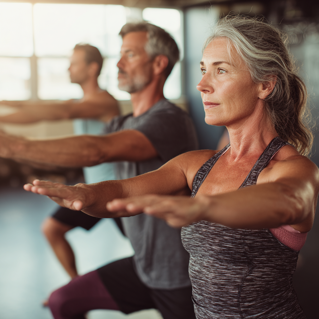 Middle-aged adults doing stability exercises in a well-lit fitness studio