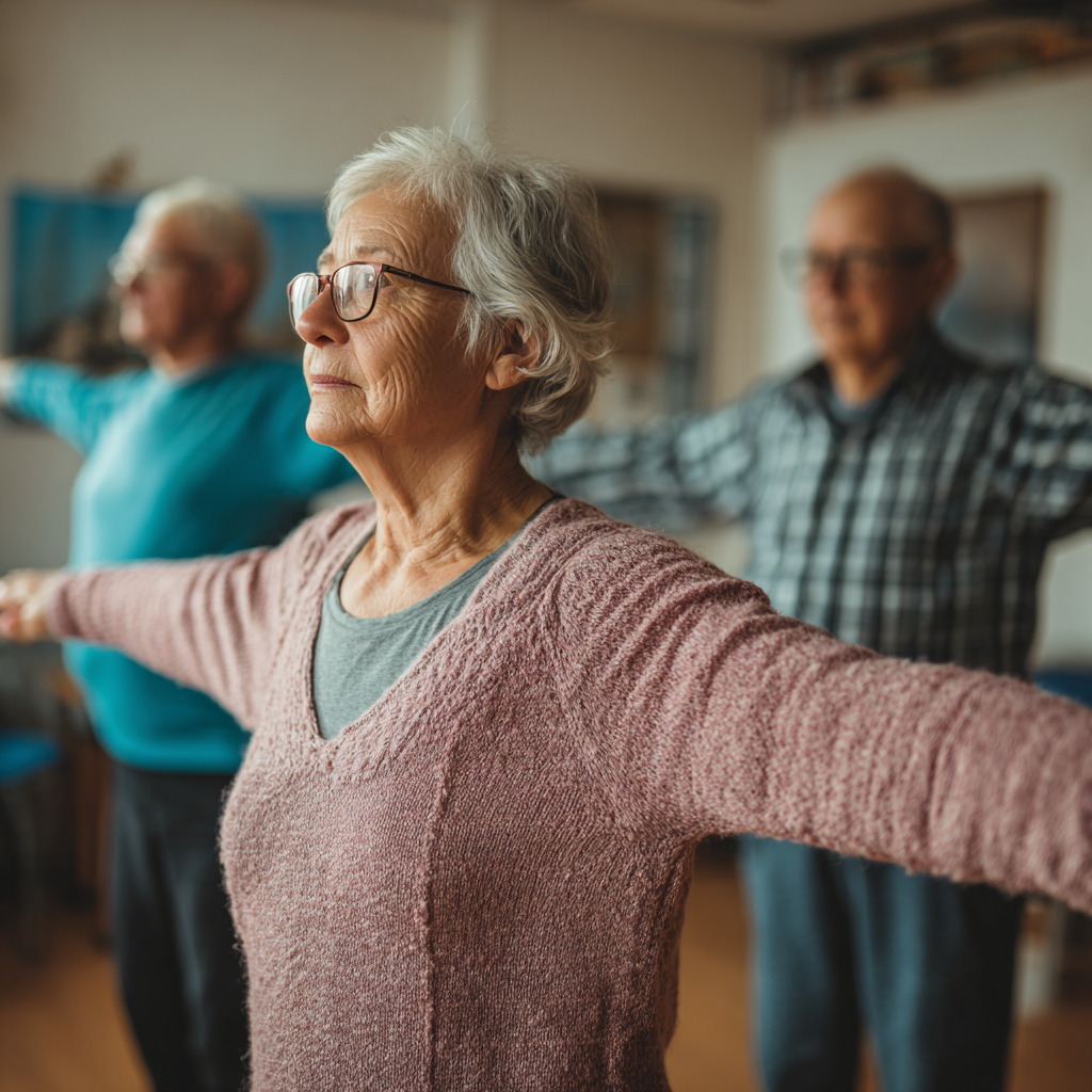 Older adults practicing gentle mobility exercises with professional guidance